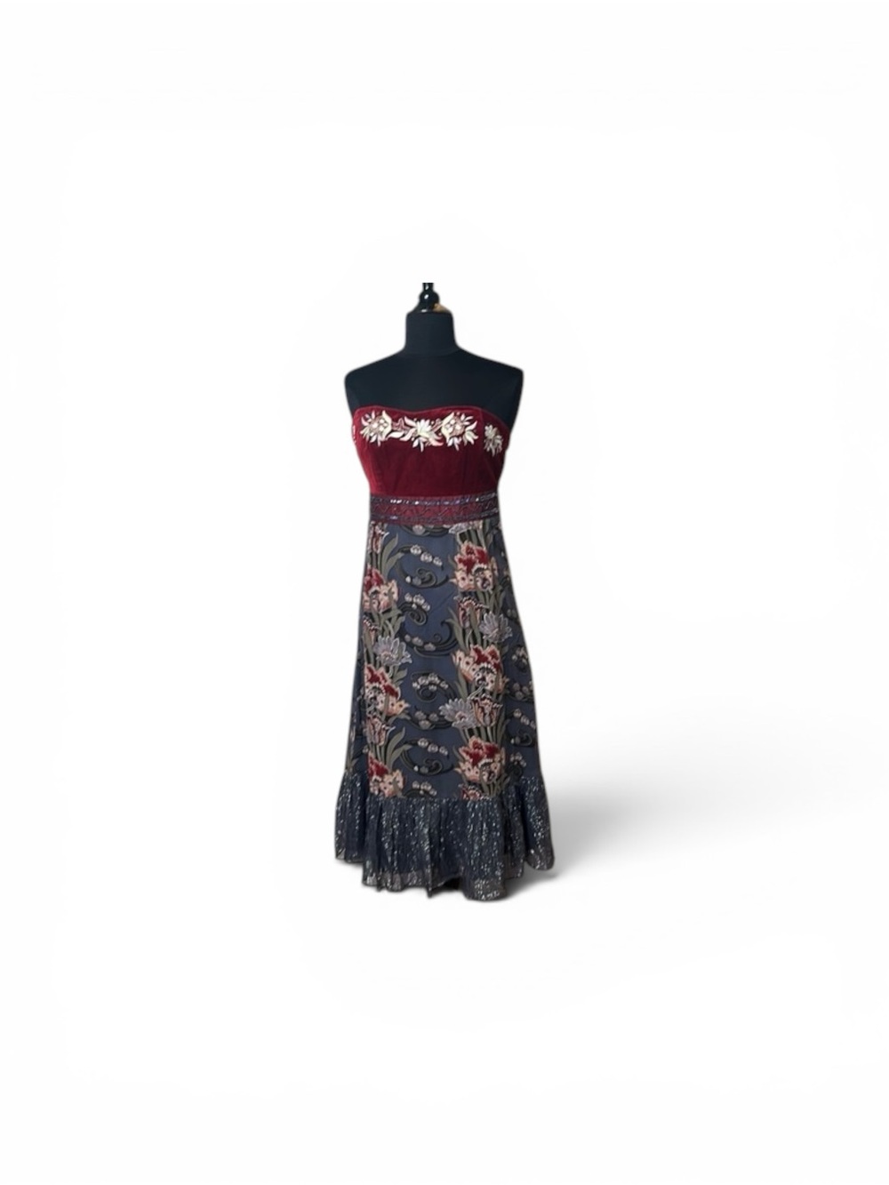 Nanette Lepore Strapless Embroidered Red and Navy Floral Dress